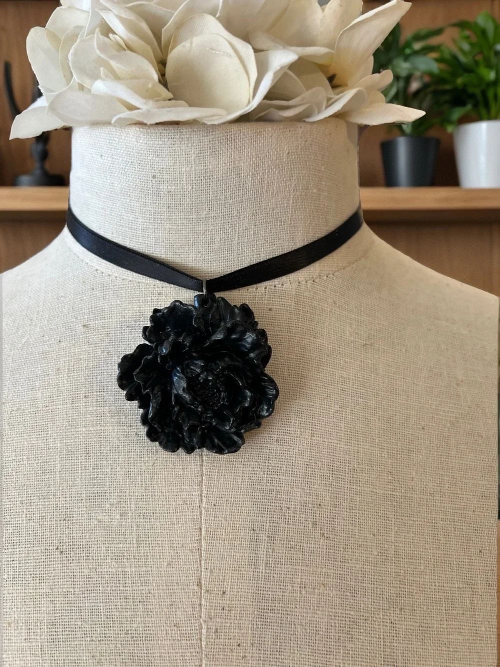 Vintage 80s Black Floral Statement Choker Necklace - Double Sided Satin Ribbons
